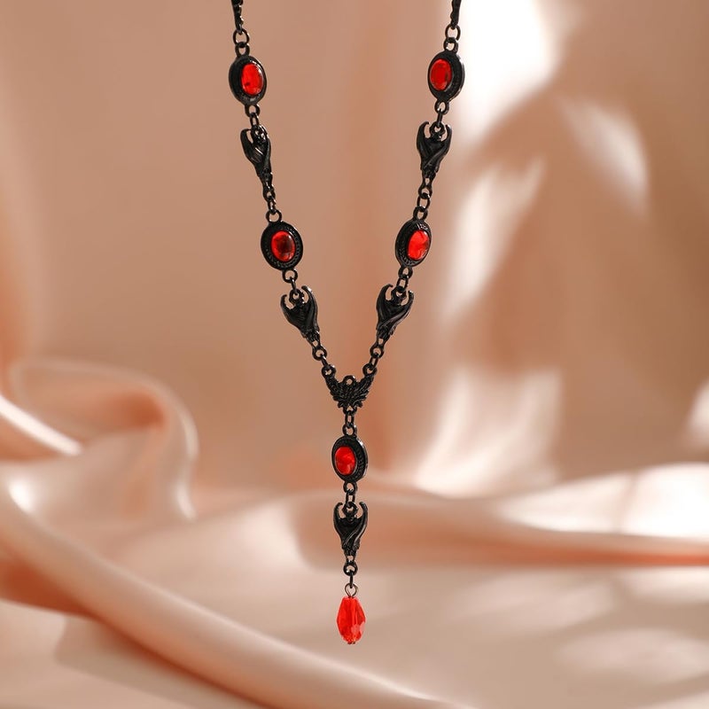 Cicod Gothic Y Necklace,Goth Black Red Crystal Bead Teardrop Necklace,Punk Y Necklace,Halloween Christmas New Year Jewelry Vampire Accessories for Women - Image 4